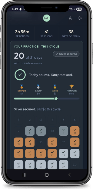 Progress calendar showing your streak and tier progress