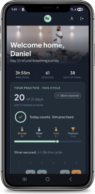 Be Remindful app home screen showing practice progress and consistency