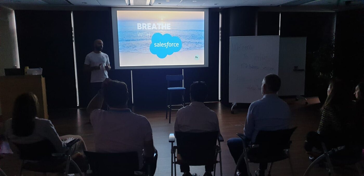 Daniel Augustine presenting a workplace breathwork session to employees at Salesforce